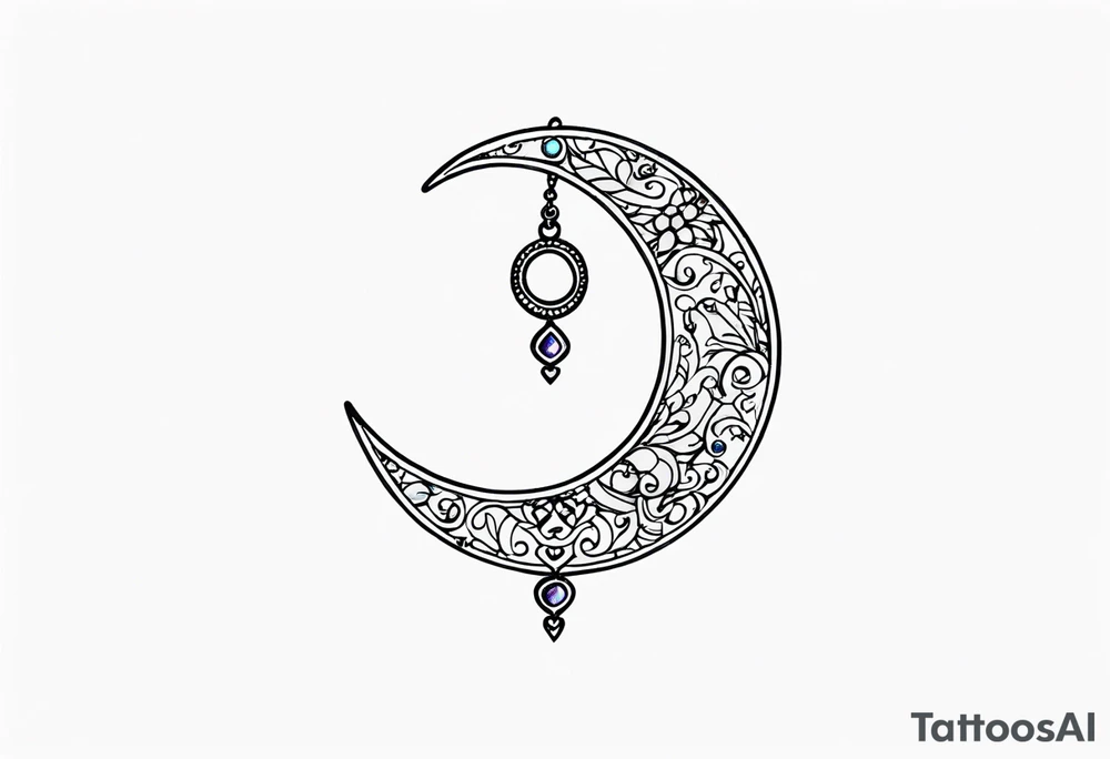 Crescent moon with heart shaped jewels dangling from the bottom of it tattoo idea