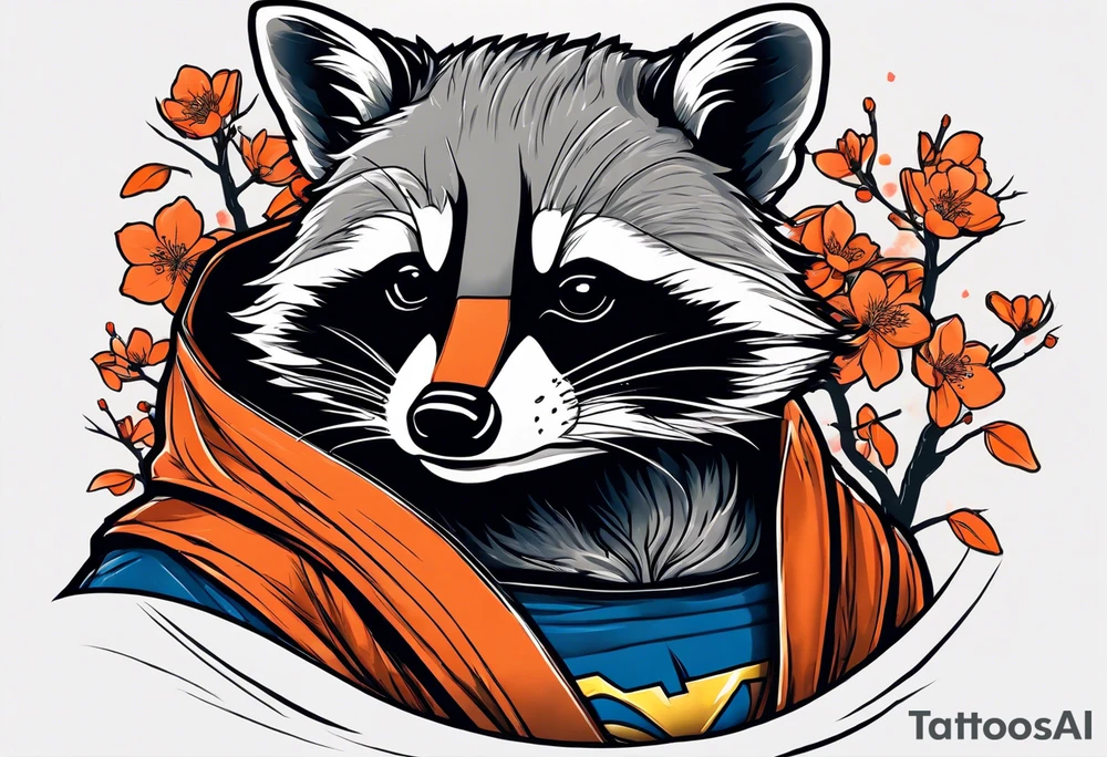 raccoon wearing a Superman hoodie with orange Japanese cherry blossoms tattoo idea