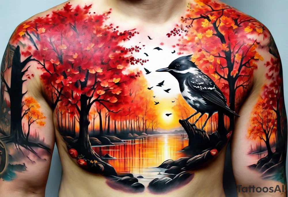 trash polka style. Arm tattoo. chest tattoo. Long tattoo. large tattoo. Full sleeve. Shoulder. A single large maple tree with red autumn leaves that branches upwards from wrist to shoulder. White-throated dipper bird on the trees branches. Calluna flowers at the base of the trees stem. Red/yellow sunset behind the trees stem. Leaves falling. tattoo idea