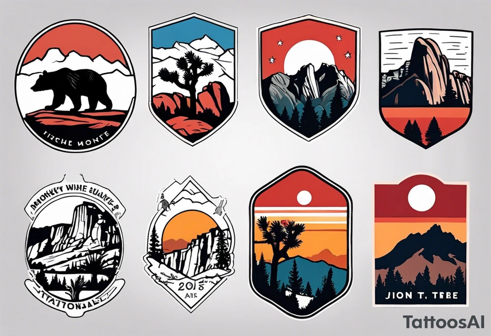 in one image, use halfmoon from  Yosemite National Park, red rocks from Bryce Canyon, angels landing from Zion National Park, a joshua tree from Joshua Tree National Park, and a black bear from Smokey Mountains and the Blueridge Mountains tattoo idea
