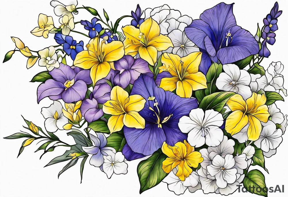 Bouquet tattoo tied with a ribbon With the following flowers on forearm. 
Carnations
Lilly’s 
Larkspur 
Morning glory 
Iris 
Yellow cedar
Yellow elder 
Forget me not 
Purple violets 
Lingum vitae 
Dogwood flower tattoo idea
