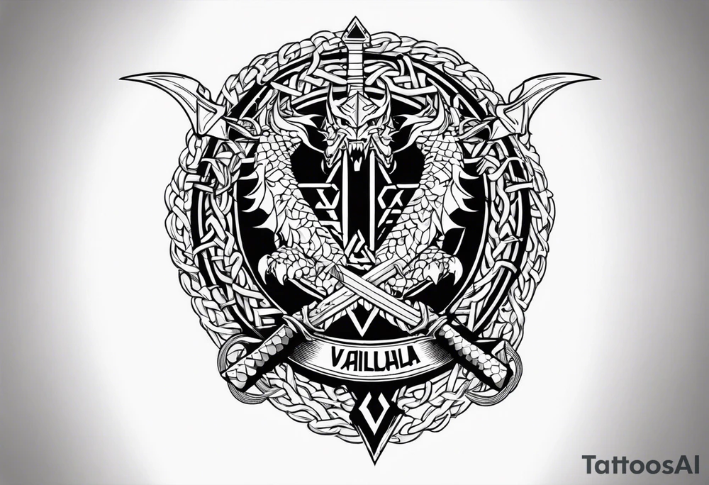 Valhalla sword shield dragon axe Valknut barbed wire chains tattoo idea Valhalla sword shield dragon axe Valknut barbed wire chains tattoo idea