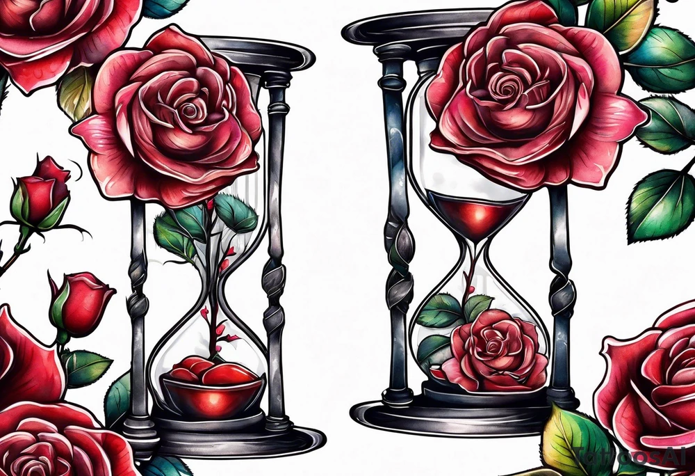 Rose on hourglass with sakura tree inside tattoo idea