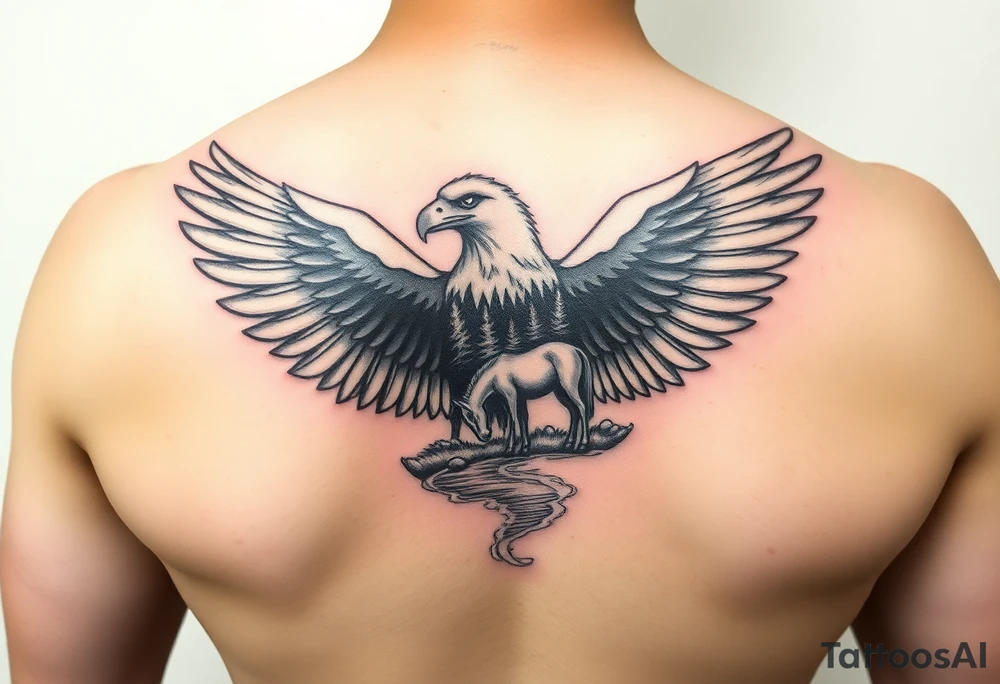I want an eagle but inside of its wings I want a forest and a little river and maybe a horse drinking from the river. Not too big it has to fit on a 2 inch by 2 inch area tattoo idea