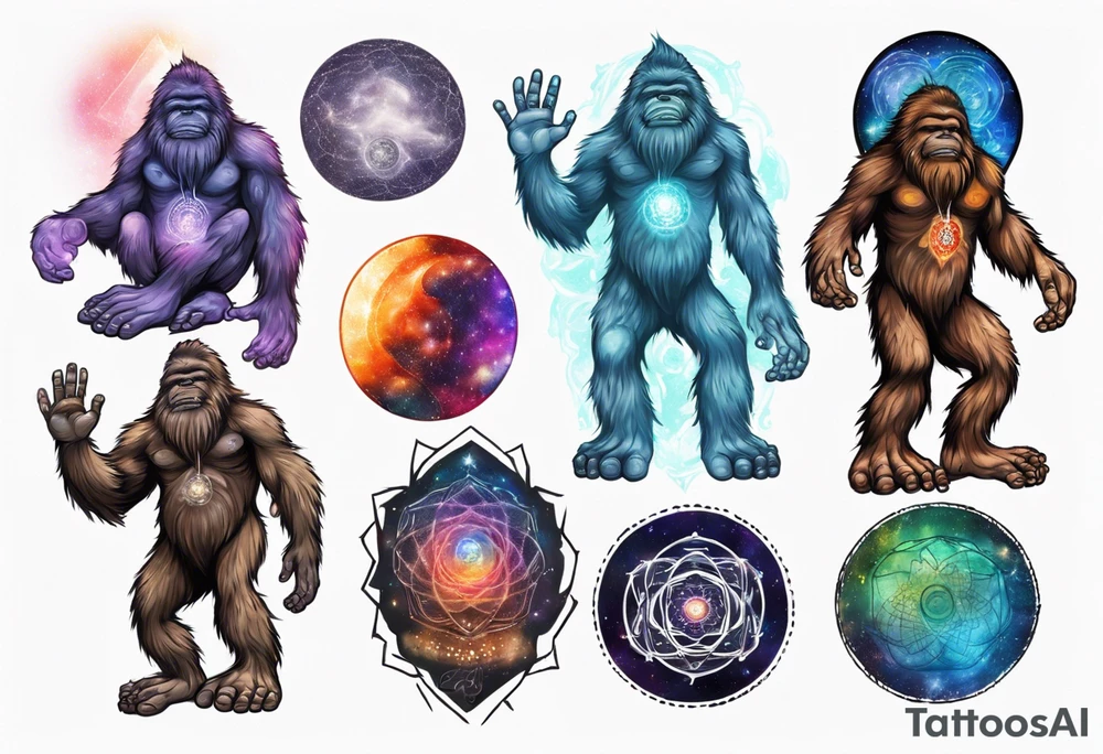 Big foot with chakra spiritual galaxy above his head tattoo idea