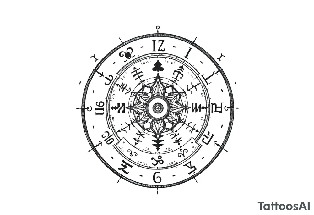 zodiac symbols runes within ornate clockwork mechanism tattoo idea