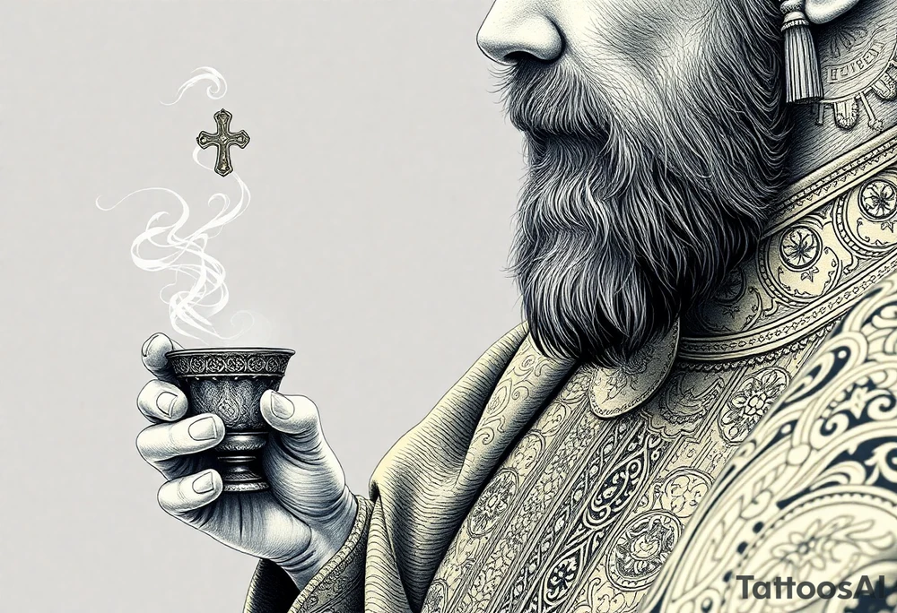 A Russian Orthodox Priest in full gold vestments swinging a censer with smoke curling upward 

The ornate robes give incredible fine line detail
The incense smoke could flow and connect to other elements
It ties directly into the church and Virgin Mary you already have
Very culturally authentic to the overall theme tattoo idea