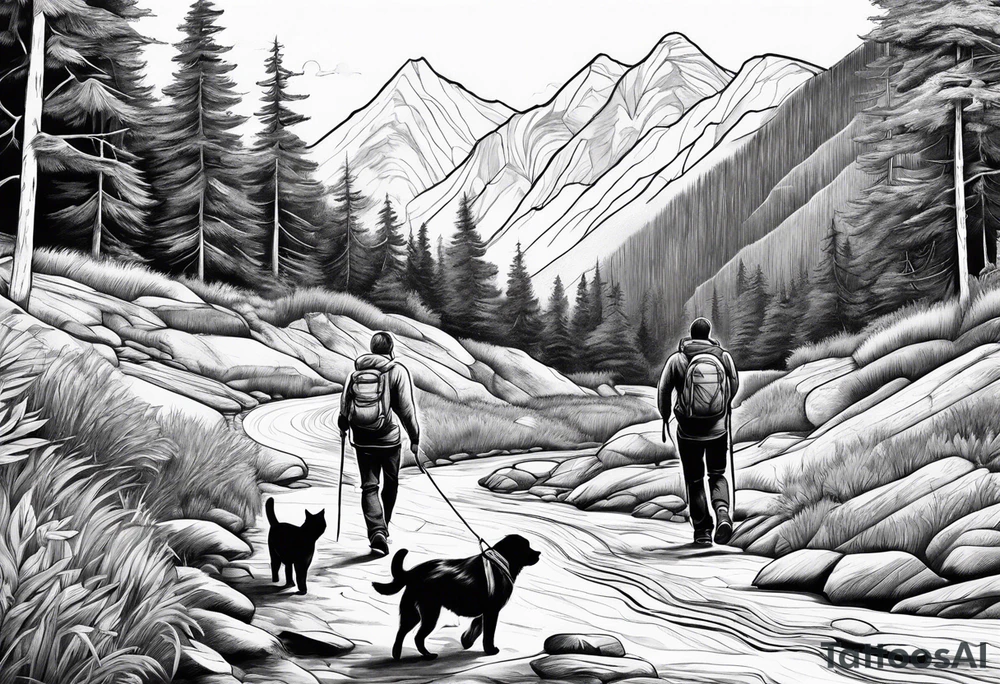 father son hiking with their dog and cat in the mountains, nature, waterfall, rive tattoo idea