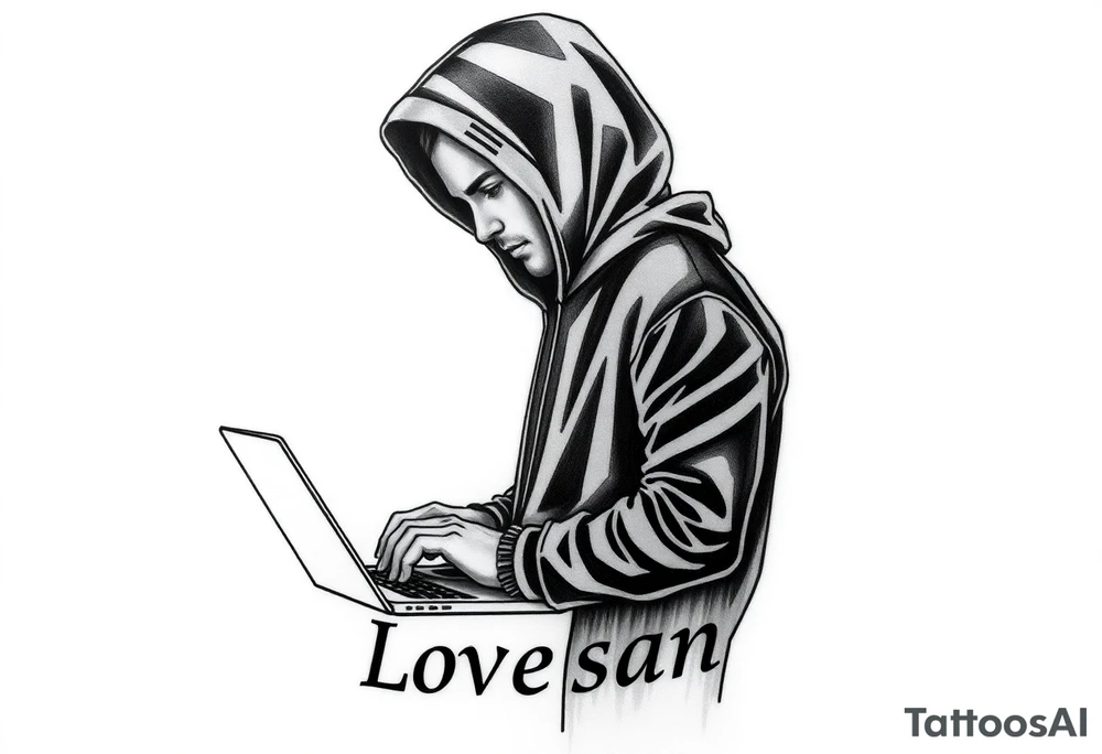 Create a Image of Guy in a hoodie with laptop, like hacking, can you Make IT small so IT fits IT leg, ADD some like Matrix text that says Lovsan. tattoo idea
