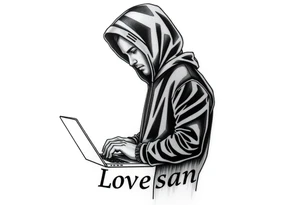 Create a Image of Guy in a hoodie with laptop, like hacking, can you Make IT small so IT fits IT leg, ADD some like Matrix text that says Lovsan. tattoo idea