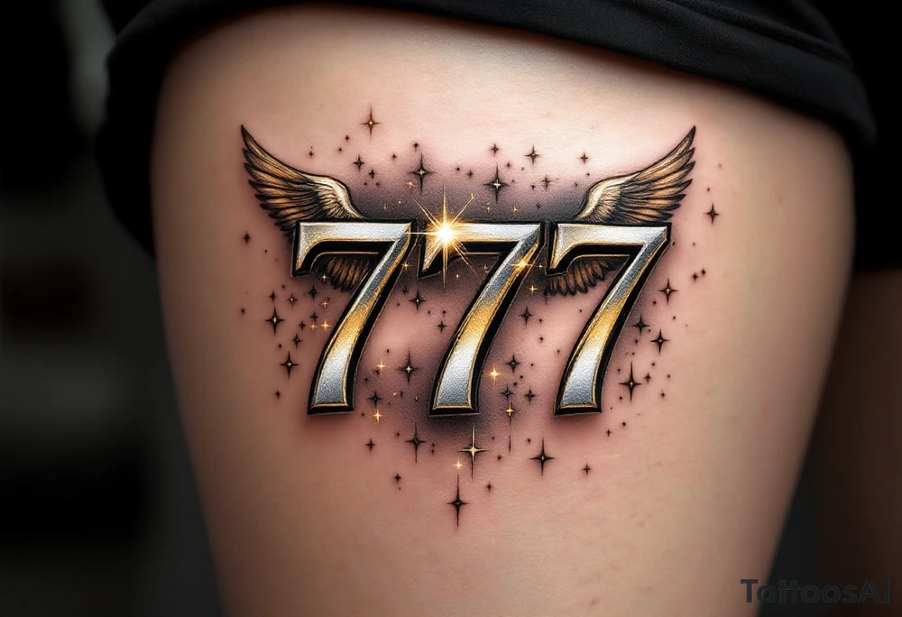 A bold "777" in a sleek, modern font in gold and silver light. The numbers are surrounded by celestial elements like tiny twinkling stars, a faint halo, and soft angelic wings, symbolizing divine guidance and good fortune. tattoo idea