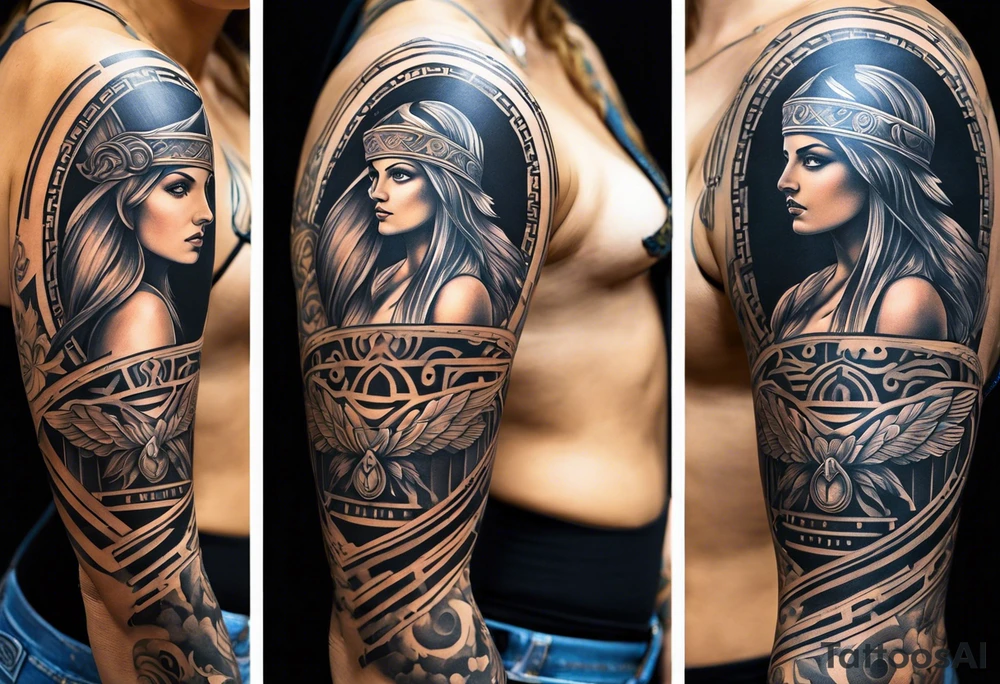 A full tattoo sleeve inspired by Greek mythology, centered around the Greek goddess Athena. Athena is portrayed with a strong, commanding presence, symbolizing wisdom, strength, and warfare. The design emphasizes bold, clean lines with a focus on sharp contrasts, creating a powerful and dynamic visual impact. Surrounding Athena, incorporate a mandala effect with geometric patterns that evoke a sense of order and strategy, reflecting her role as a warrior goddess. The sleeve also features masculine elements such as a fierce owl with piercing eyes, an ornate warrior’s helmet, and olive branches intertwined with Spartan-style armor, all seamlessly integrated into the design. The overall aesthetic is strong, rugged, and heroic, capturing the essence of Athena’s wisdom and martial prowess in a way that resonates with a masculine energy. tattoo idea