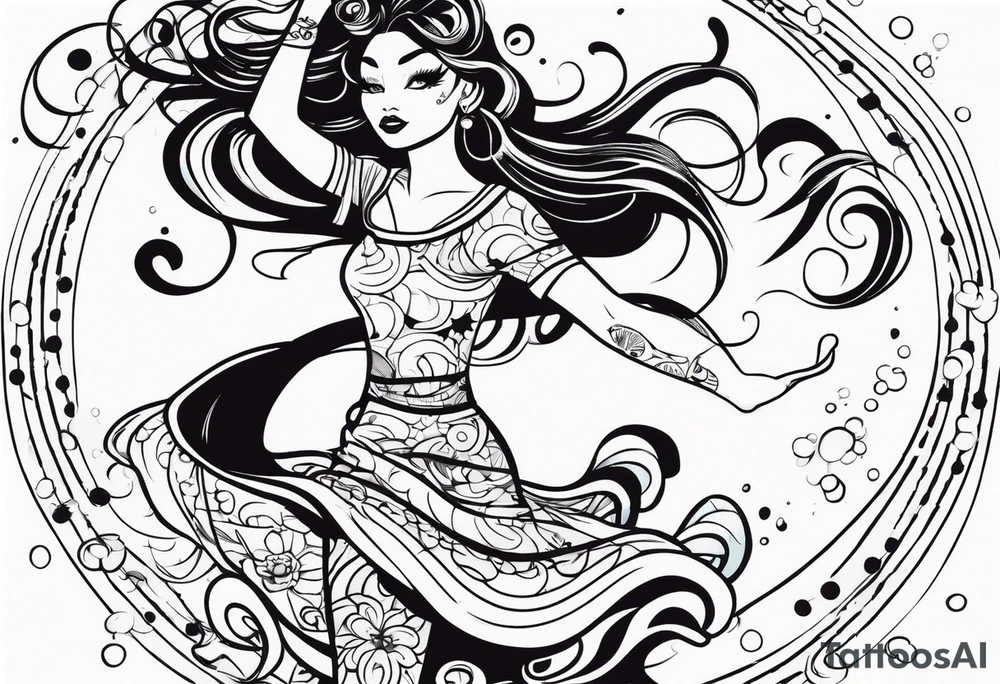 Girl twirling full body tattoo idea