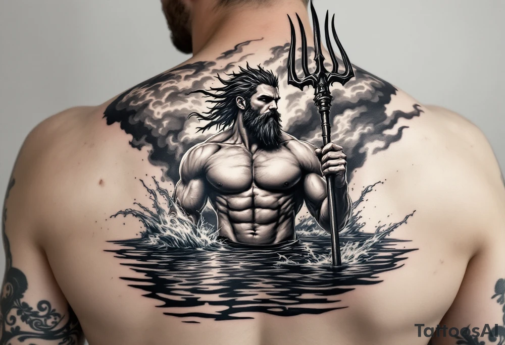 young, fit poseidon in calm water, behind a trident, holding a beer, with storm tattoo idea