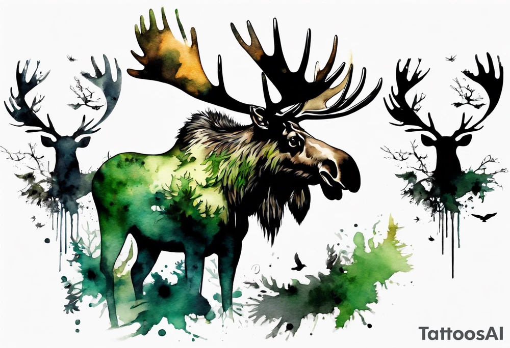 a giant mossy moose covered with shadow birds tattoo idea