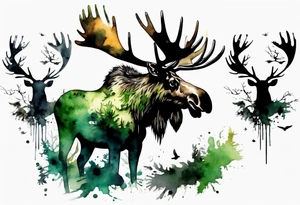 a giant mossy moose covered with shadow birds tattoo idea
