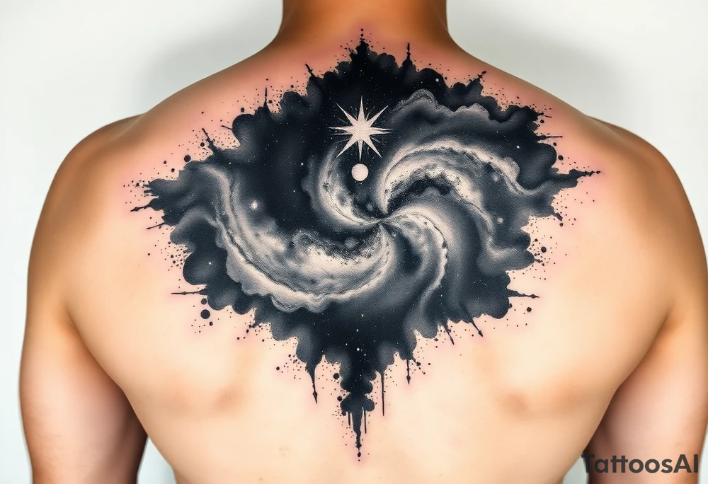 Beautiful and epic 3d milky way that appears to be what is beneath the skin. Make it drape over the shoulder and move to the middle back. use negative spaces to create stars and dust. Incorporate God breathing life into the universe. Keep it symmetrical tattoo idea