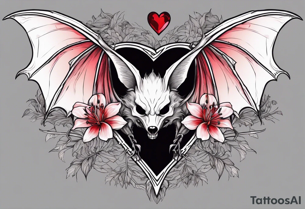 Evil bat holding a lycoris radiata, skeleton hands making heart shape with fingers around the bat, lycoris radiata accents surrounding the outside tattoo idea