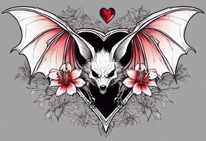 Evil bat holding a lycoris radiata, skeleton hands making heart shape with fingers around the bat, lycoris radiata accents surrounding the outside tattoo idea