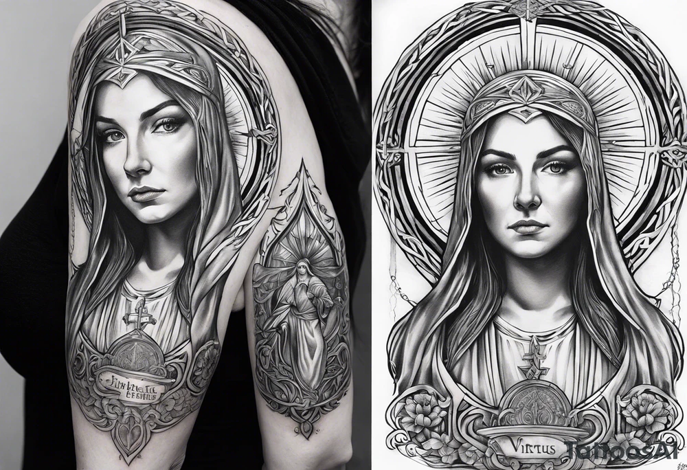 A full back piece themed on the surname mcbride and the irish saint bridget. It should not have her actual face in it. It should take inspiration from artwork of saint bridget holding fire in her hands. It should have the text Vincit Pericula Virtus on it tattoo idea