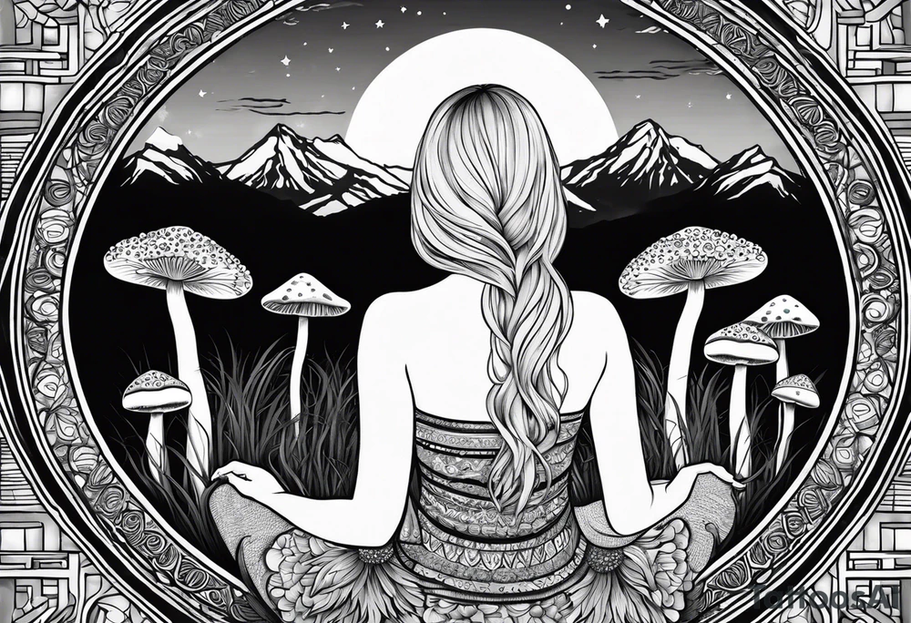 Straight blonde hair girl meditating facing away toward mountains surrounded by mushrooms crescent moon mandala circular design black and white striped dress tattoo idea