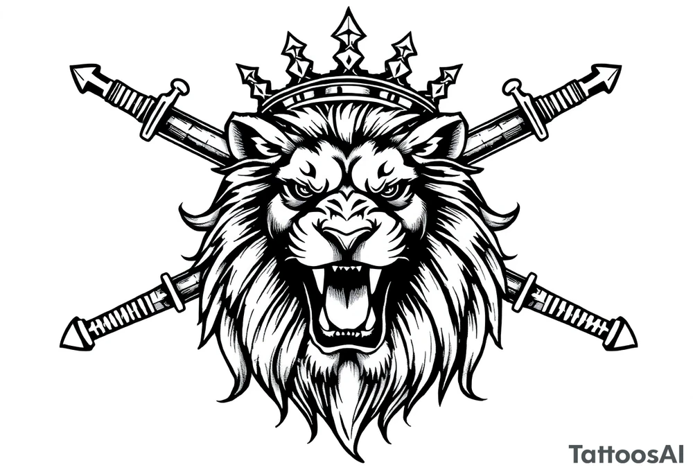 Fierce lion roaring, crown tilted, crossed swords framing its head. tattoo idea