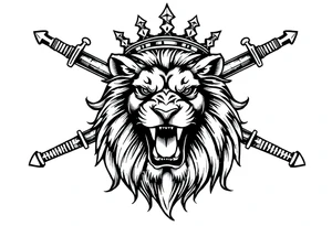 Fierce lion roaring, crown tilted, crossed swords framing its head. tattoo idea