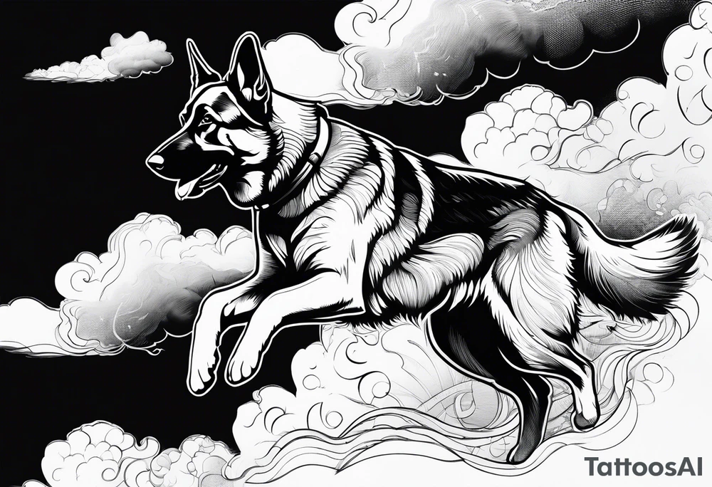 German Shepherd running into the clouds. tattoo idea