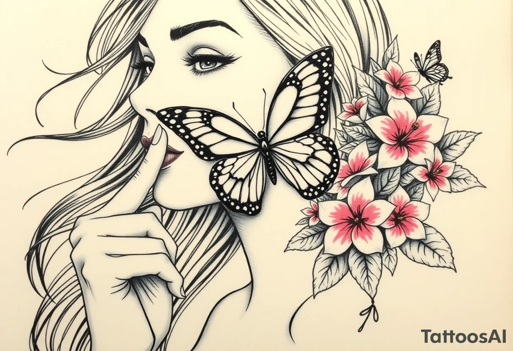 Womens Face withh her finger to her lips like saying  speak no evil with her long long hair flowing in the wind but ontop where her eyes would be they are covered by the lower half of a big butterfly as if being blind folded by the lwer part of butterfly for see no evil havi g her hand to her ears for hear no eveil around that butterfly medium and small and very small butterflys and bush of Beautiful pink plumeria found in Kaimuki, on the island of Oahu. And leafs that would bee seen with these flowers tattoo idea