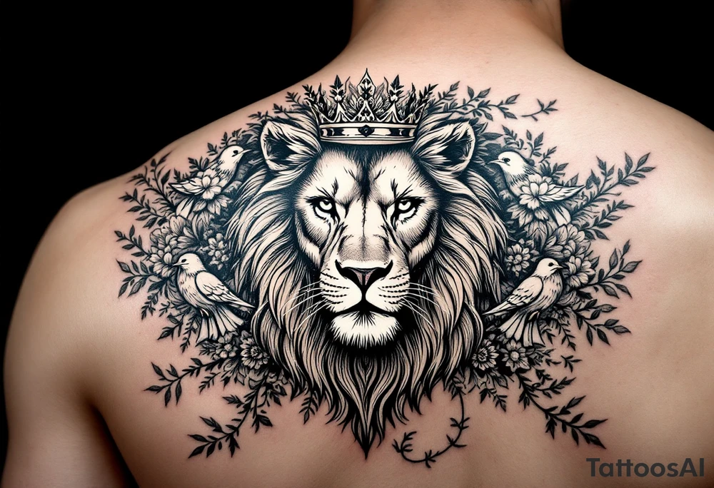 powerful majestic lion with a crown, surrounded by floral ornaments and birds tattoo idea