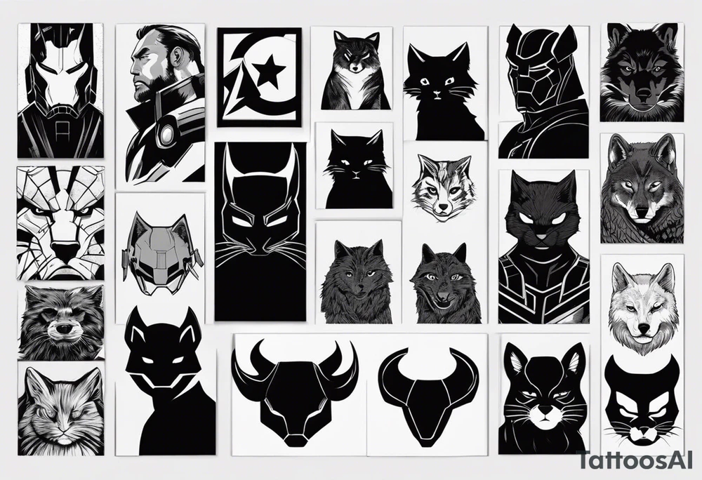 I want to change Avengers Team characters with animals. Hulk will be Badger, Thor will be Alpha Grey Wolf, Captain America will be Bull, Iron Man will be Canary, Black Widow will be Axolotl, Hawk Eye will be Sudan Plated Lizard and Nick Fury will be Cat. tattoo idea