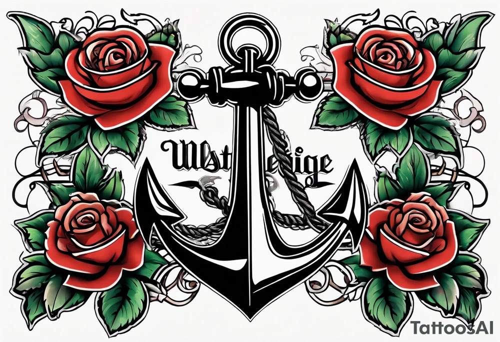 old school anchor with rope wrapped around anchor and banner across anchor and old school roses tattoo idea
