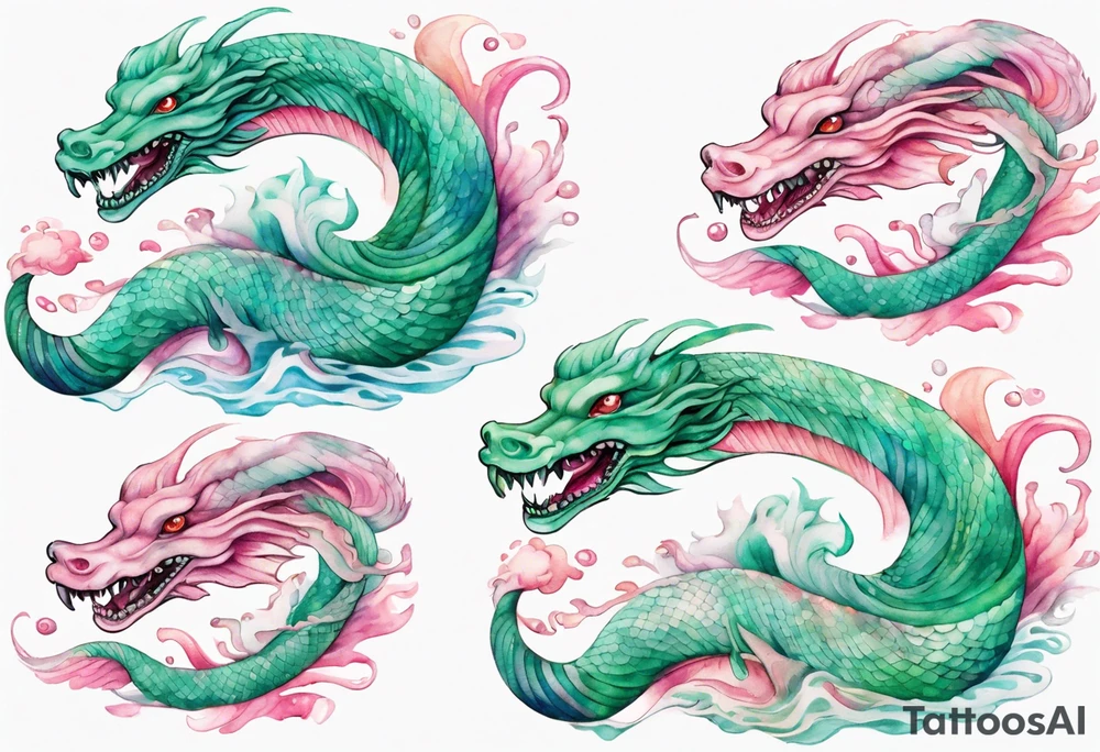 a gentle green-eyed Falkor sea-serpent hybrid with turquoise and pink scales emerging from the waves tattoo idea