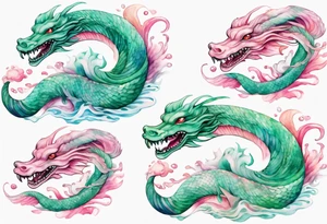 a gentle green-eyed Falkor sea-serpent hybrid with turquoise and pink scales emerging from the waves tattoo idea