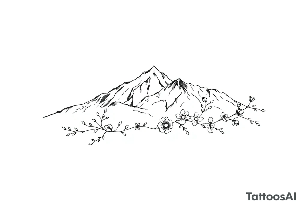 An elongated mountain range with vines and flowers mixed in tattoo idea