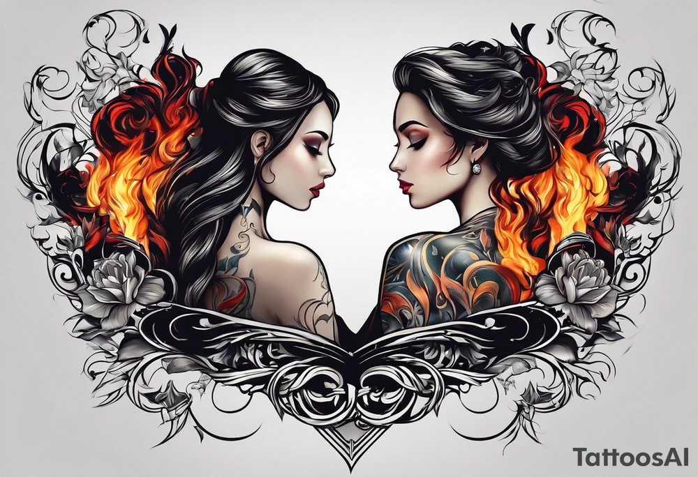 In thiele sfumato. A girl with an empty heart and a guy with a burning heart. They stand back to back tattoo idea