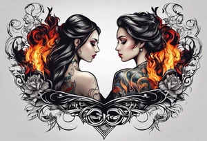 In thiele sfumato. A girl with an empty heart and a guy with a burning heart. They stand back to back tattoo idea
