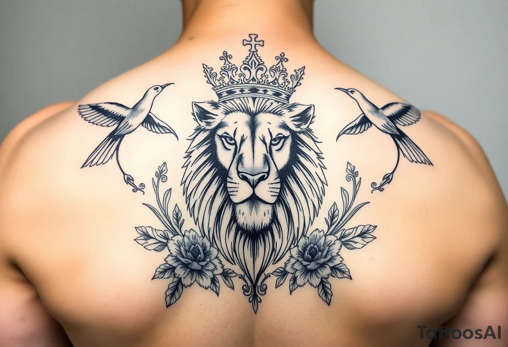 powerful majestic lion with a crown, surrounded by floral ornaments and birds tattoo idea