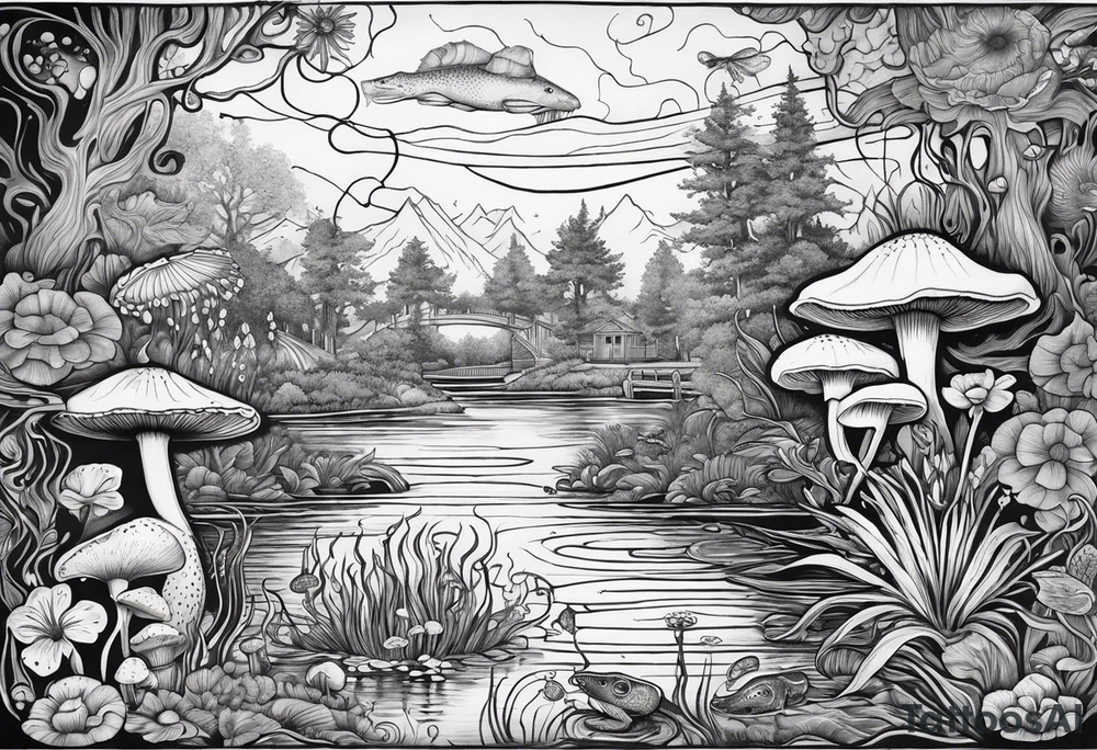 A bayou that has cypress trees, mushrooms, wild flowers, lily pads, frogs, and bugs with a mermaid in the background that is singing music. tattoo idea