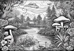 A bayou that has cypress trees, mushrooms, wild flowers, lily pads, frogs, and bugs with a mermaid in the background that is singing music. tattoo idea