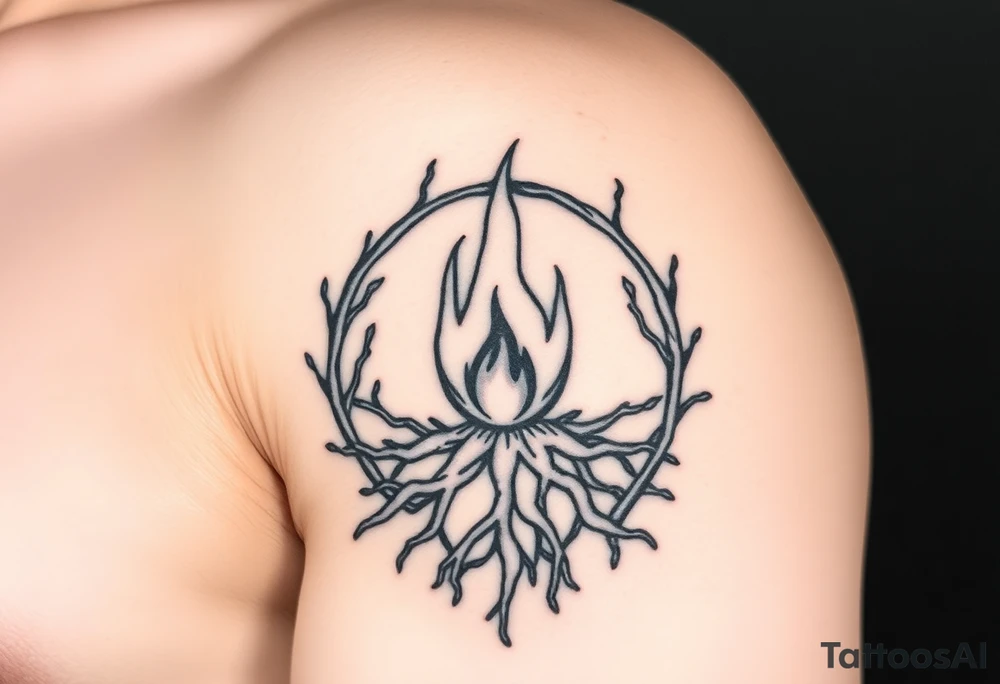 a round flame imprisoned in a roots circle tattoo idea