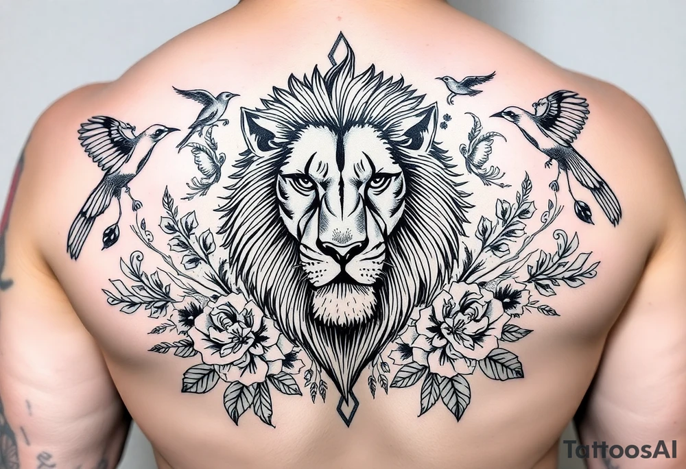 powerful lion surrounded by floral ornaments and birds tattoo idea