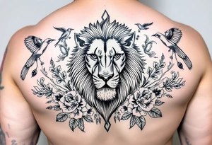 powerful lion surrounded by floral ornaments and birds tattoo idea