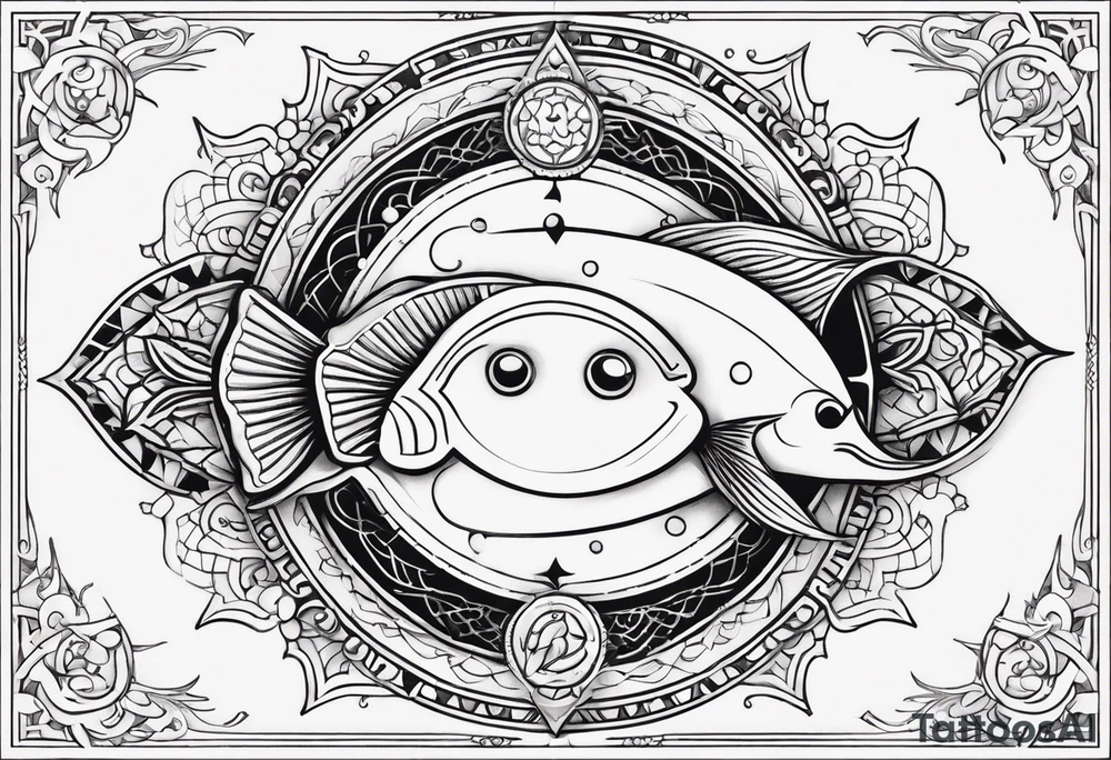 A 1/2 sleeve with 2 pisces fish incorporate sigils and cosmos in background tattoo idea