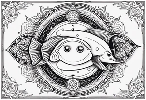 A 1/2 sleeve with 2 pisces fish incorporate sigils and cosmos in background tattoo idea