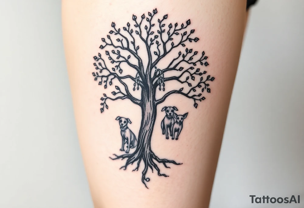 Hippy beech tree full of life. 
Jamie, Derek, Iris, John, bill, Winnie names in the roots, Mavis, Garhi, Mickey, Pam, Lucy, in the branches at the top. Names can be in Hebrew. 
Three dogs a Rhodesian Ridgeback, King Charles cavalier and chihuahua. 
Prett, feminine ornate. Boxing gloves hanging from tree tattoo idea