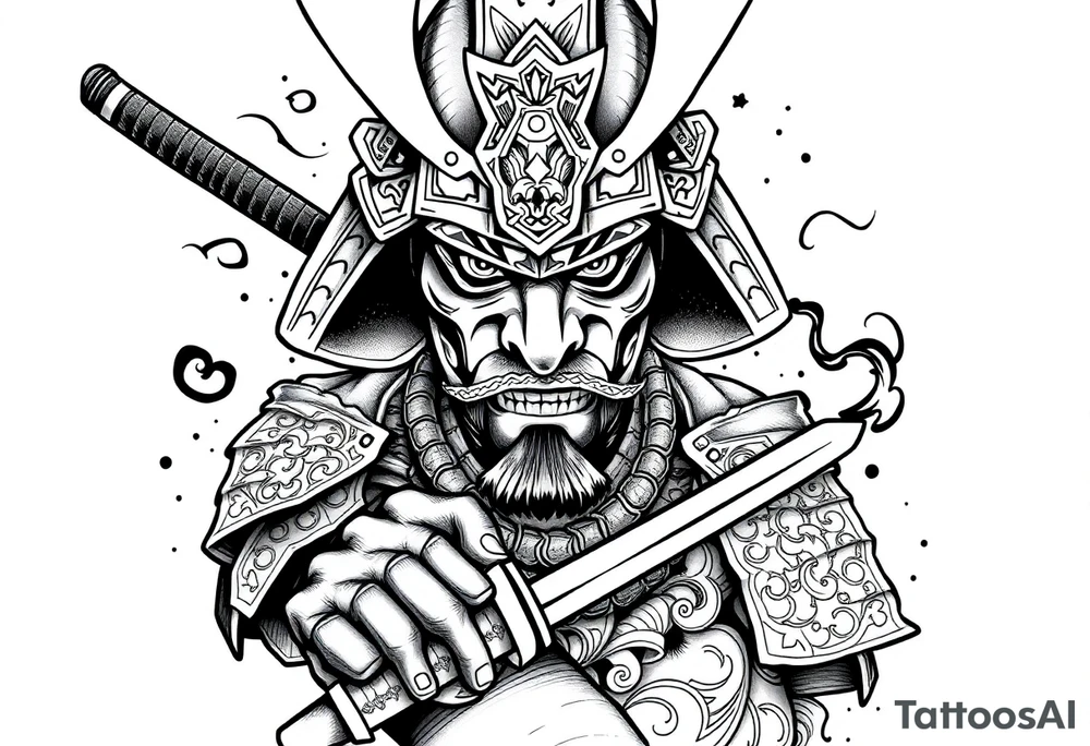 Japanese samurai warrior tattoo, highly detailed armor and helmet, traditional katana sword, intense warrior expression, ornamental patterns, bold linework, black and grey ink style, ink wash shading, centered layout, designed for forearm tattoo with future full sleeve expansion, minimal background tattoo idea