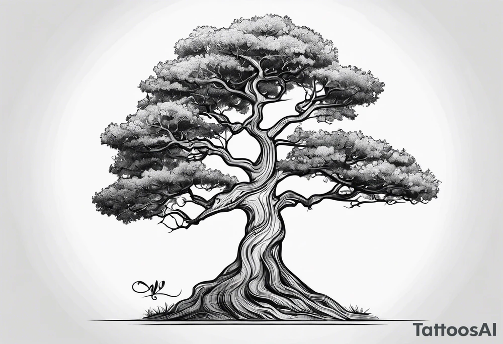 One line tattoo of oak tree with little gift at the bottom tattoo idea