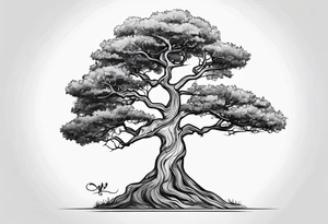 One line tattoo of oak tree with little gift at the bottom tattoo idea