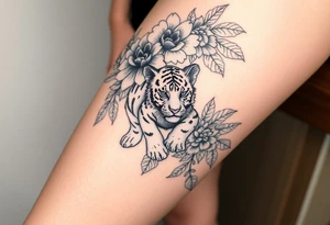 Floral tattoo with baby tiger tattoo idea